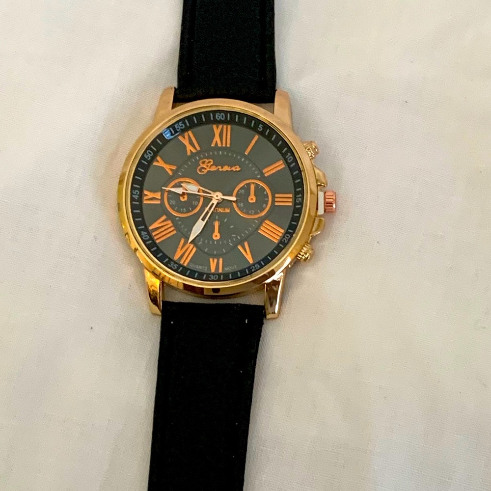 Black leather wrist watch